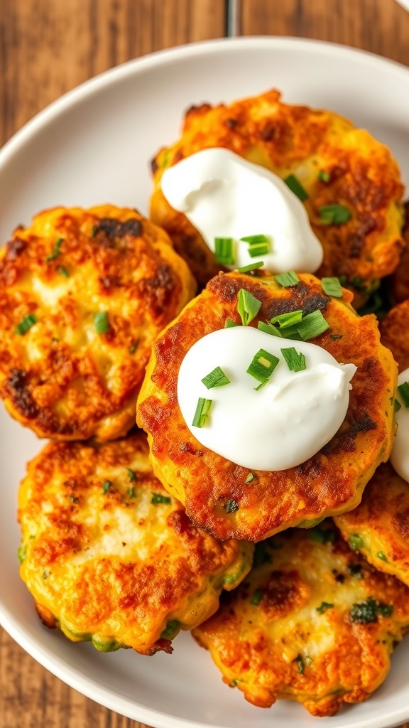 Crispy vegetable fritters served with sour cream and herbs on a rustic table.